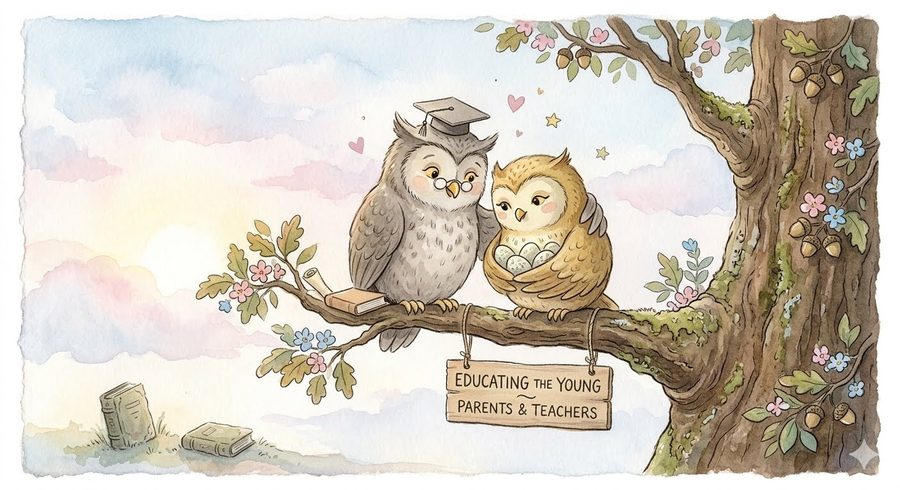 Ollie and Owlet, watercolor illustration of two owls perched on a branch with a sign reading Educating the Young, Parents and Teachers